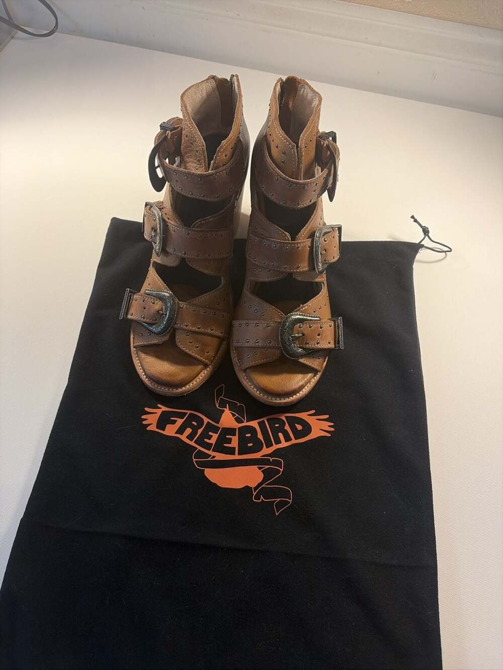 Freebird Leather Heeled Sandals Brown Buckle Booties